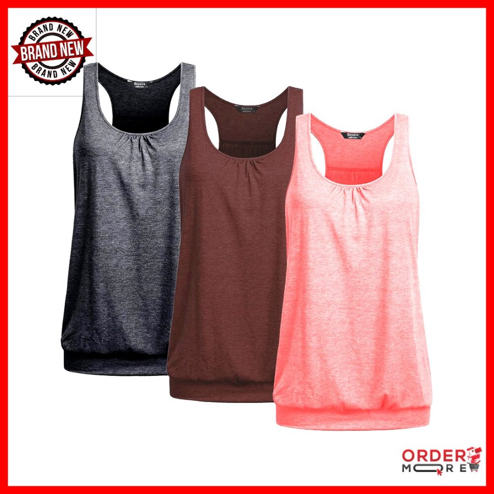 Racerback Yoga Tank Tops Tummy Flattering Workout Shirts Banded Bottom 3-Pack
